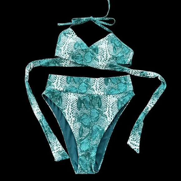 NWT Aerie Small/Medium Teal Snake Print Bikini Swimsuit High Cut Cheeky New - Picture 1 of 5